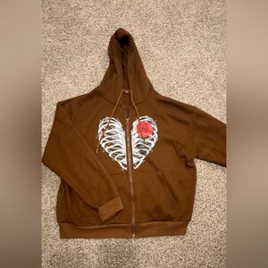 Women’s Medium Brown Hoodie With Rose Rib Cage Design